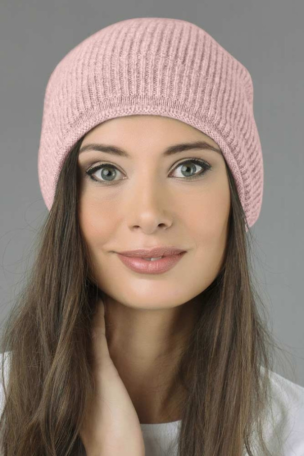 Pure Cashmere Ribbed Knitted Slouchy Beanie Hat in Baby Pink 03