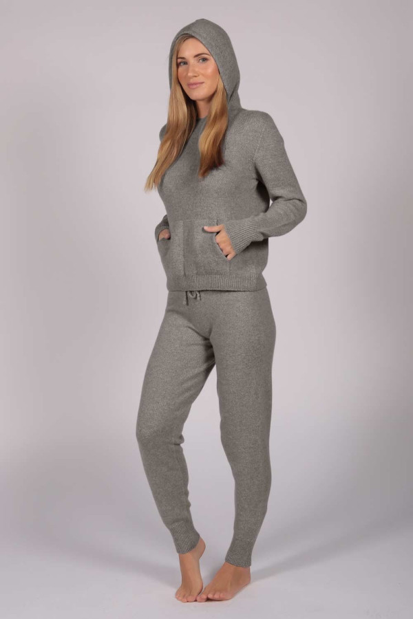 Light Grey 100% Cashmere Hoodie for Women front full body