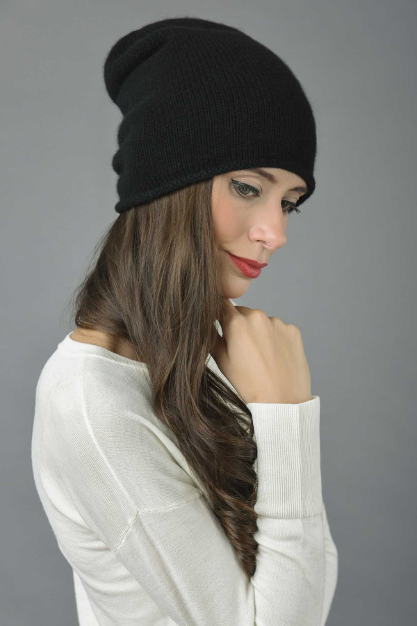 Pure Cashmere Plain Knitted Slouchy Beanie Hat in Black