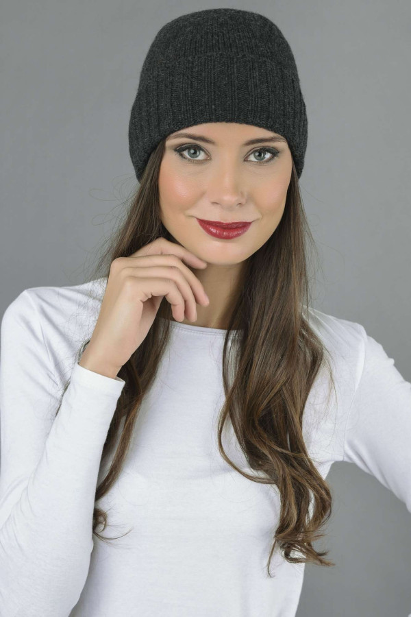Pure Cashmere Plain and Ribbed Knitted Beanie Hat in Charcoal Grey