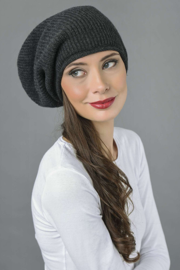 Pure Cashmere Ribbed Knitted Slouchy Beanie Hat in Charcoal Grey