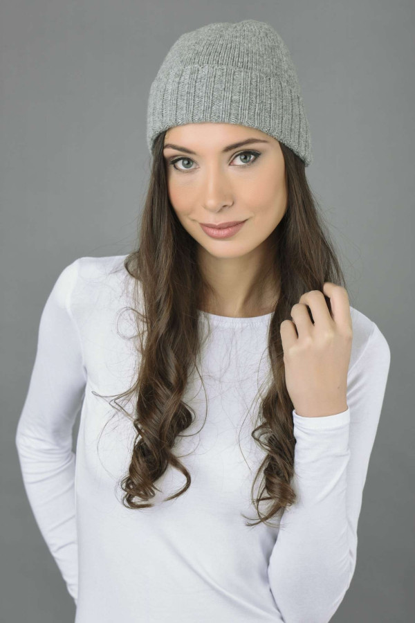 Pure Cashmere Plain and Ribbed Knitted Beanie Hat in Light Grey