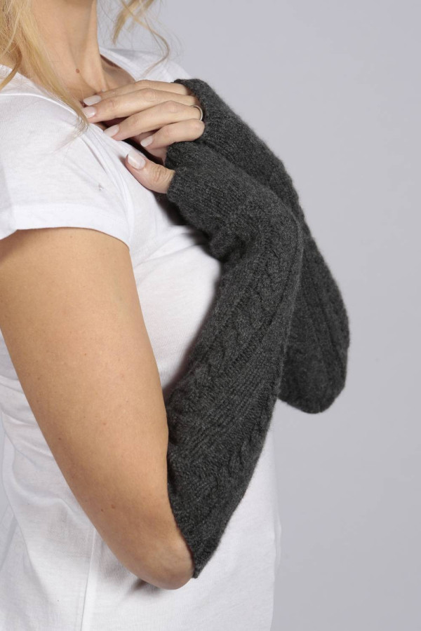 Charcoal Grey cashmere cable knit wrist warmers gloves