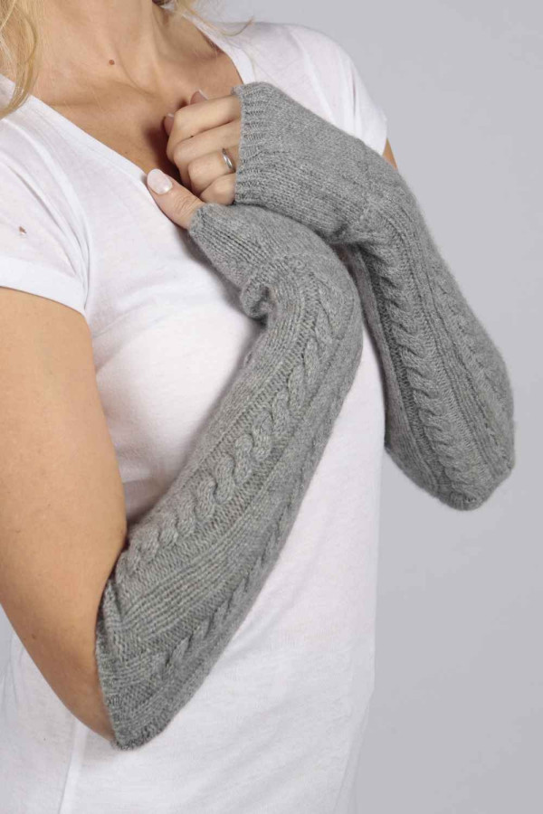 Light Grey pure cashmere cable knit wrist warmers gloves