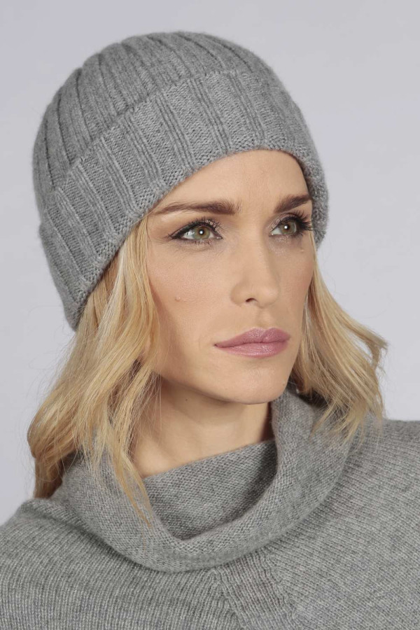 Light grey pure cashmere wide ribbed fisherman beanie hat