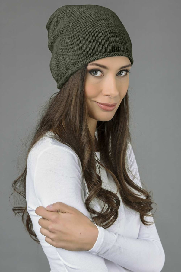 Pure Cashmere Plain Knitted Slouchy Beanie Hat in Army Green