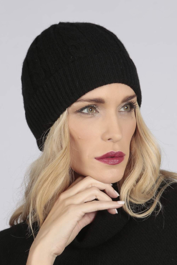 Black pure cashmere beanie hat cable and rib knit 1