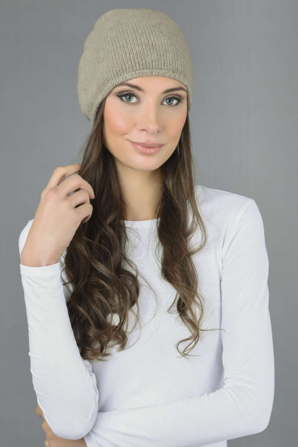 Pure Cashmere Plain Knitted Beanie Hat in Camel Brown 1