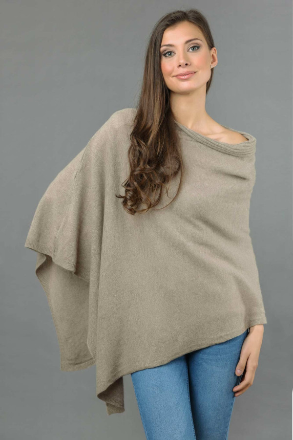 Pure Cashmere Knitted Asymmetric Poncho Wrap in Camel Brown 3