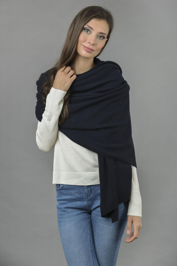 Knitted Pure Cashmere Wrap in Navy Blue 3