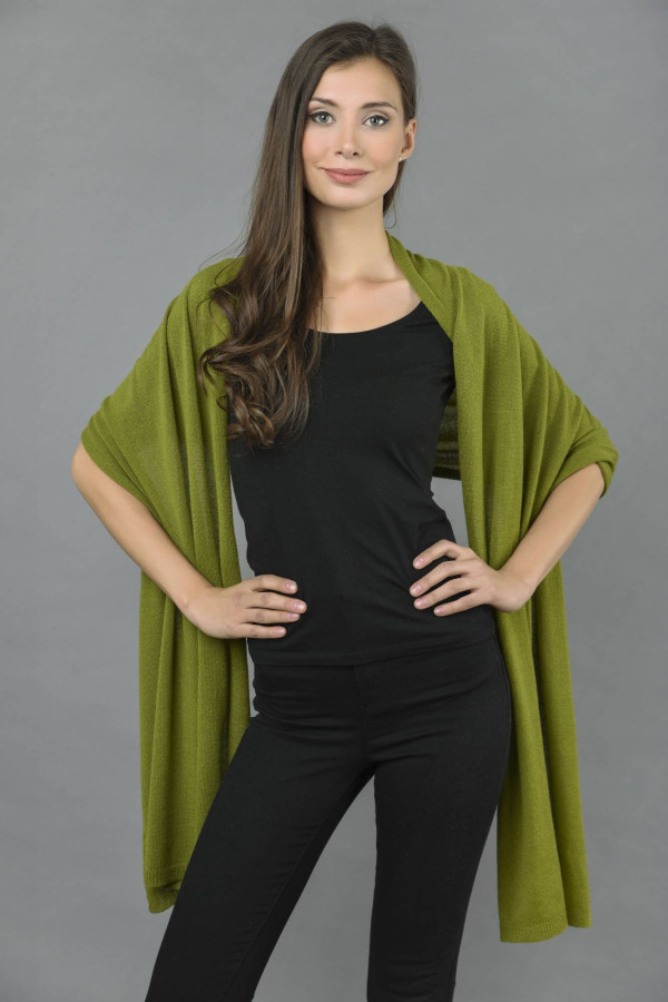 Knitted Pure Cashmere Wrap in Olive Green 2