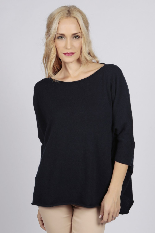 Navy Blue pure cashmere short sleeve oversized batwing sweater front