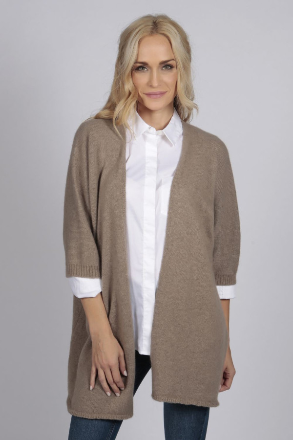 Camel brown beige pure cashmere duster cardigan front
