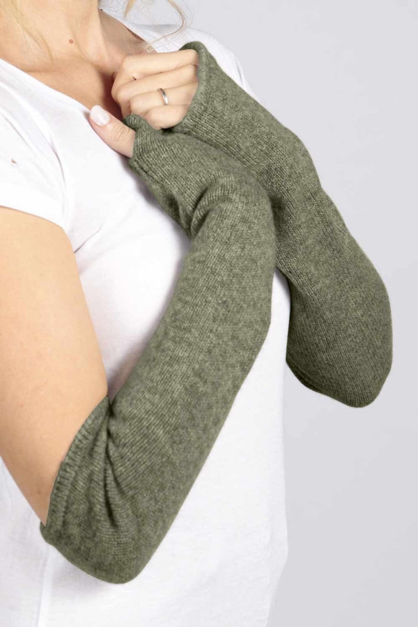 Army Green pure cashmere fingerless long wrist warmer gloves 02