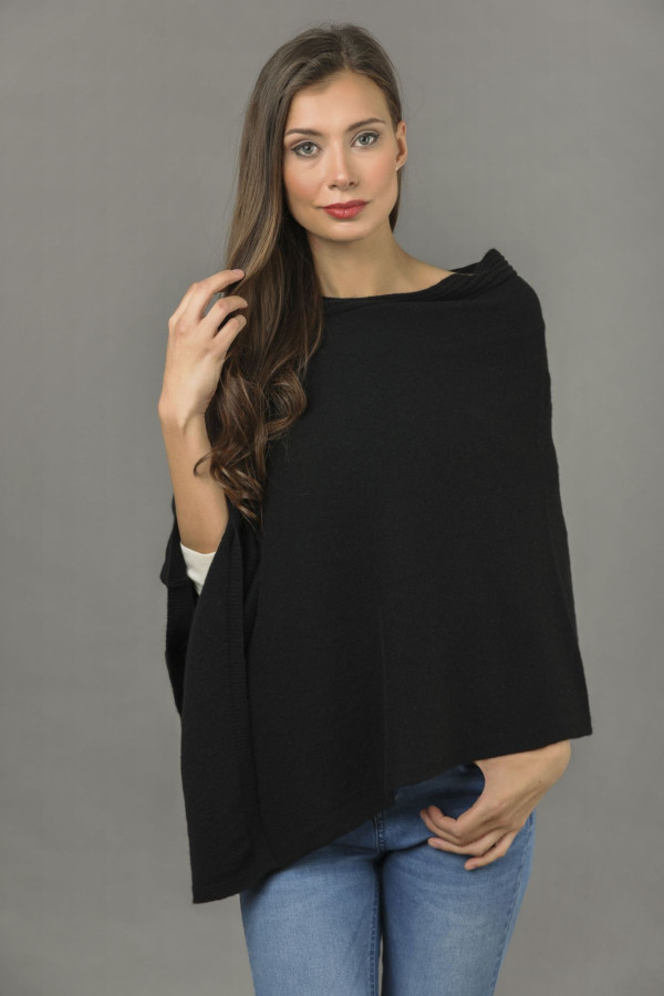 Pure Cashmere Knitted Asymmetric Poncho Wrap in Black 3
