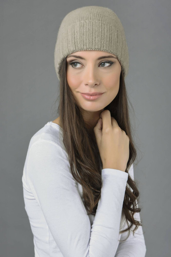 Pure Cashmere Plain and Ribbed Knitted Beanie Hat in Camel Brown 1