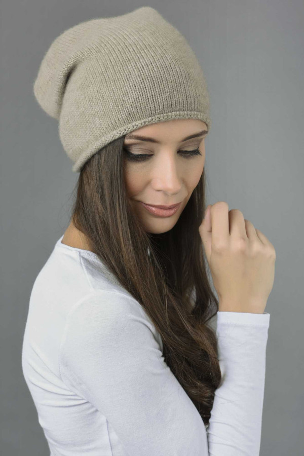 Pure Cashmere Plain Knitted Slouchy Beanie Hat in Camel Brown 1