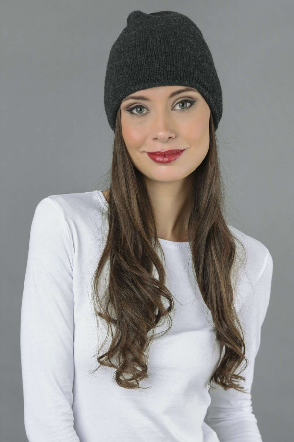 Pure Cashmere Plain Knitted Beanie Hat in Charcoal Grey 3