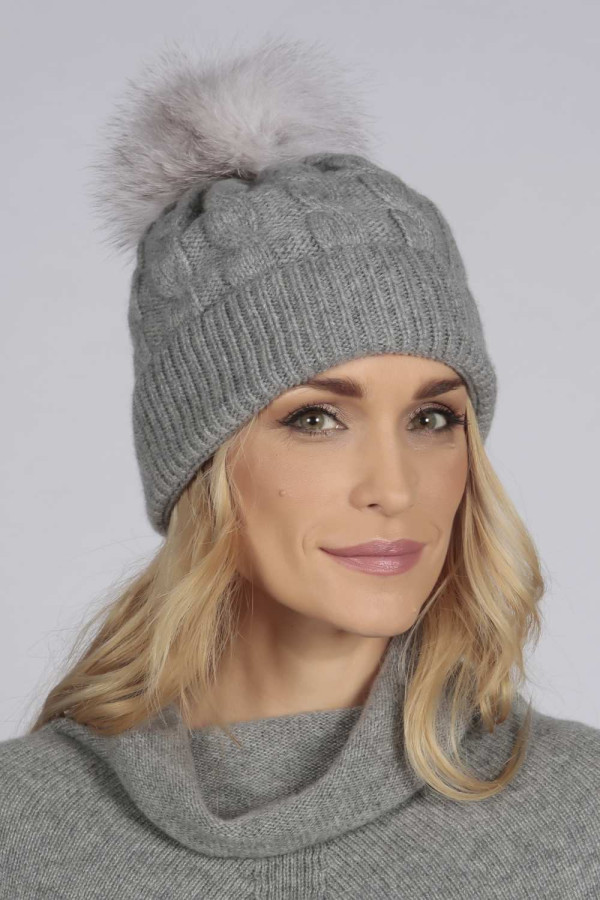 Light Grey pure cashmere fur pom pom cable knit beanie hat
