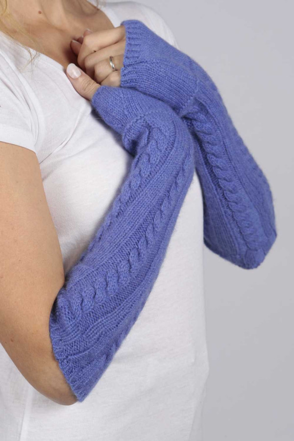 Periwinkle blue pure cashmere cable knit wrist warmers gloves 1