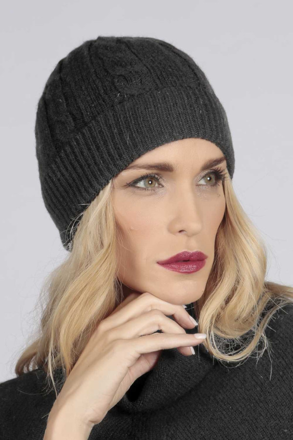 Charcoal grey cashmere beanie hat cable and rib knit  2