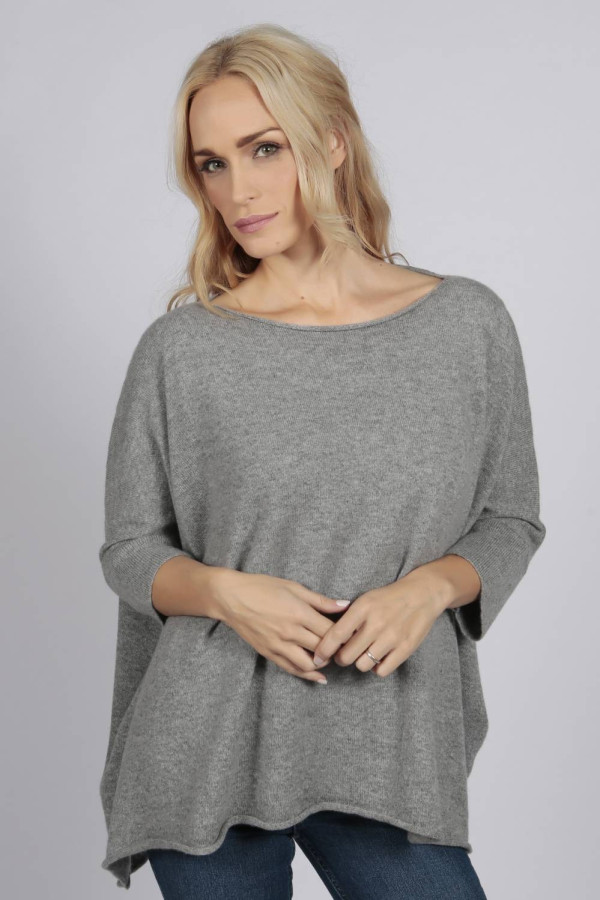 Light Grey pure cashmere short sleeve oversized batwing sweater front