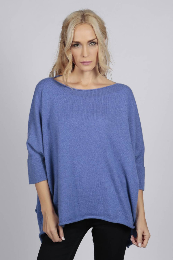 Periwinkle blue pure cashmere short sleeve oversized batwing sweater front