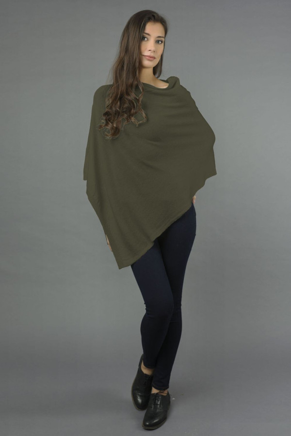 Pure Cashmere Knitted Asymmetric Poncho Wrap in Army Green 4