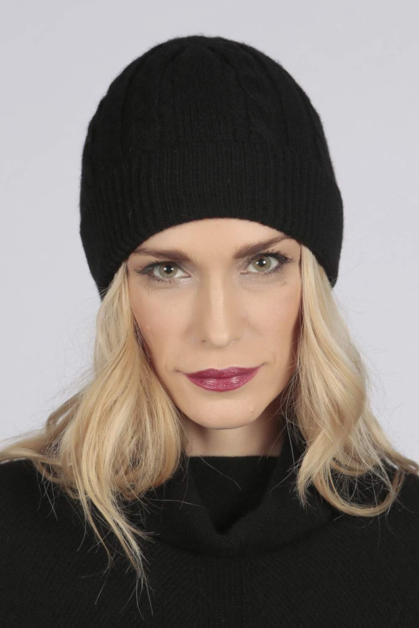 Black pure cashmere beanie hat cable and rib knit 2