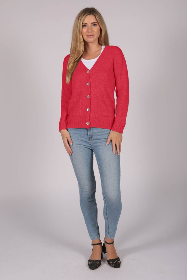 Cashmere Cardigan Jumper in coral red full body