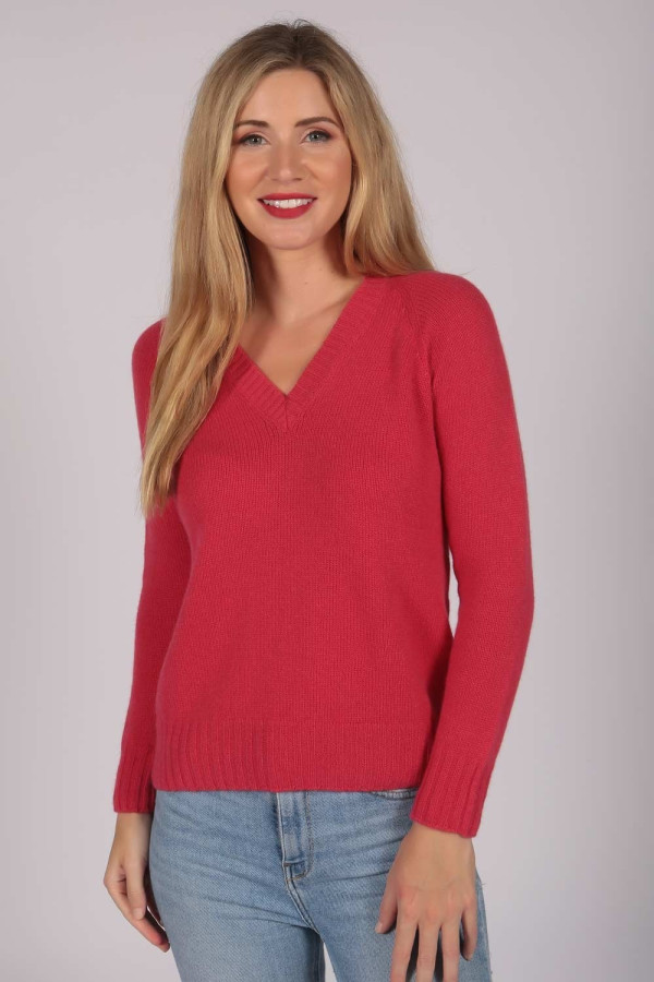Coral Red V-Neck Cashmere Sweater front