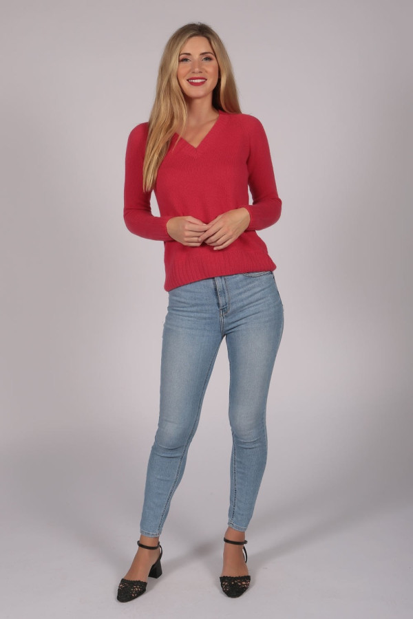 Coral Red V-Neck Cashmere Sweater full body
