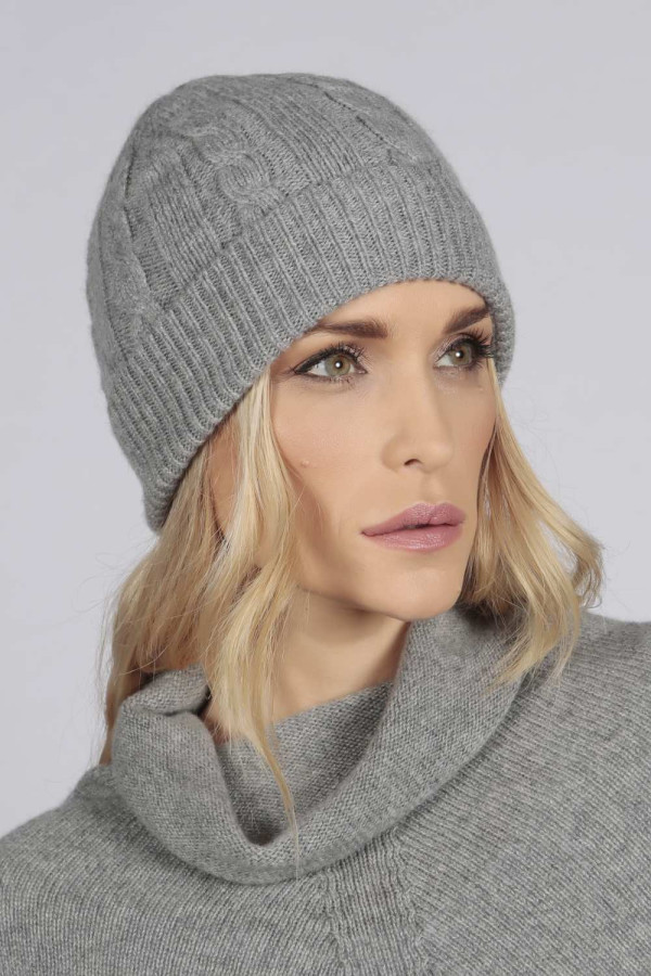 Light grey cashmere beanie hat cable and rib knit 
