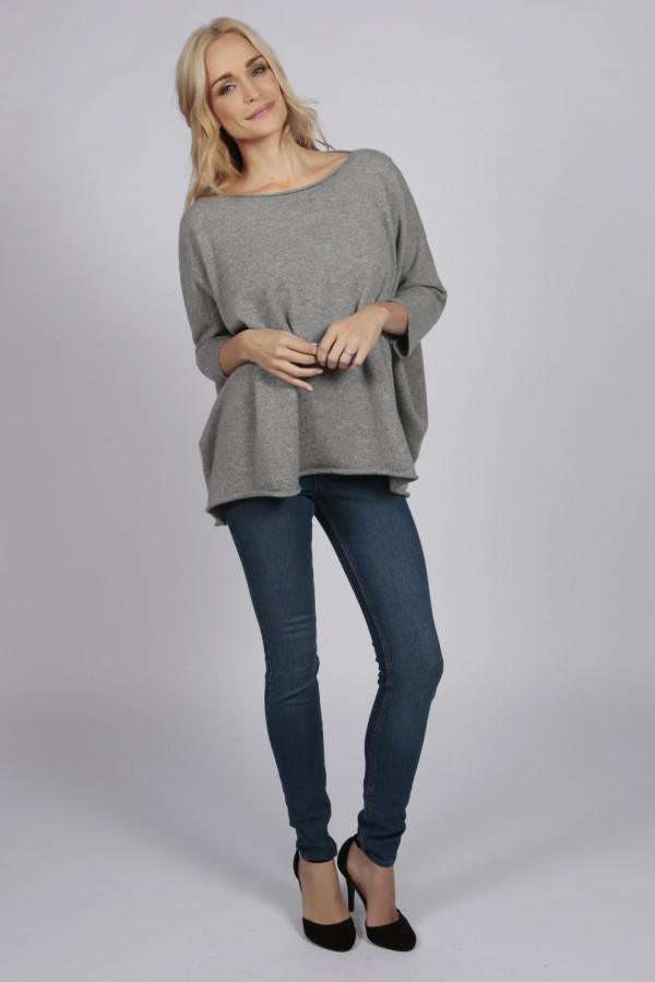 Light Grey pure cashmere short sleeve oversized batwing sweater