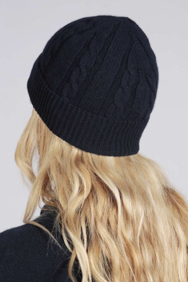Navy blue cashmere beanie hat cable and rib knit 3