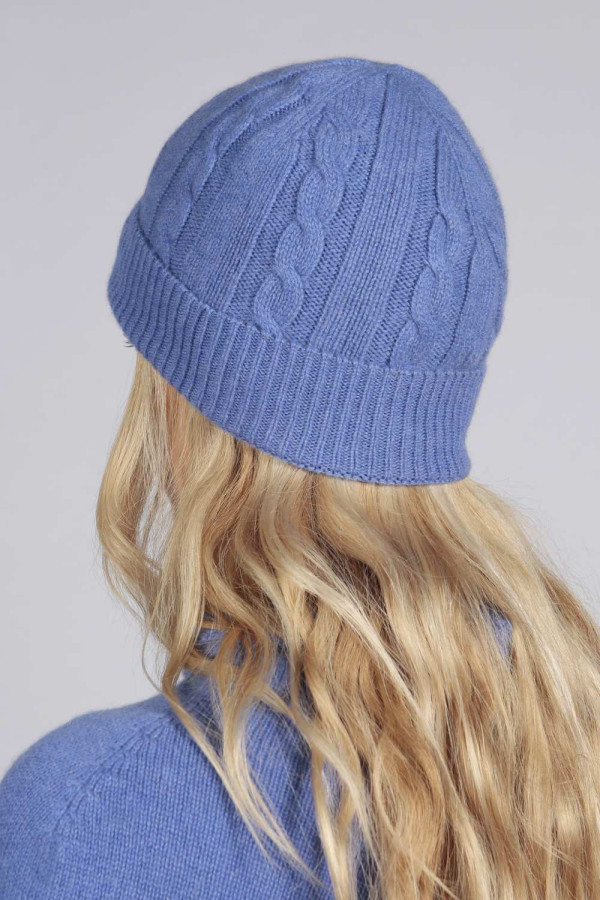 Periwikle blue cashmere beanie hat cable and rib knit back