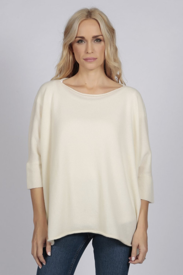 Cream White pure cashmere short sleeve batwing sweater front 2