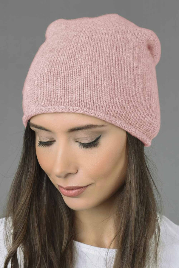 Cappello lungo puro Cashmere rasato in maglia liscia rosa baby 02
