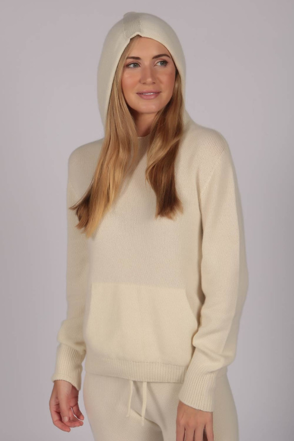 Cream White 100% Cashmere Hoodie for Women front