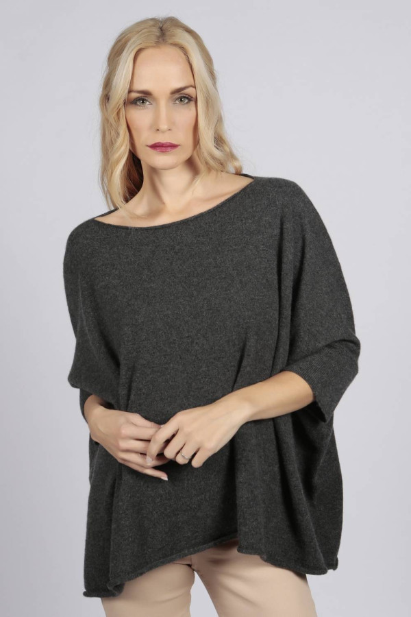Charcoal Grey pure cashmere short sleeve oversized batwing sweater 
