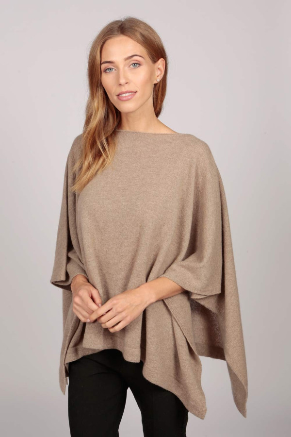 Cashmere boat neck poncho camel brown