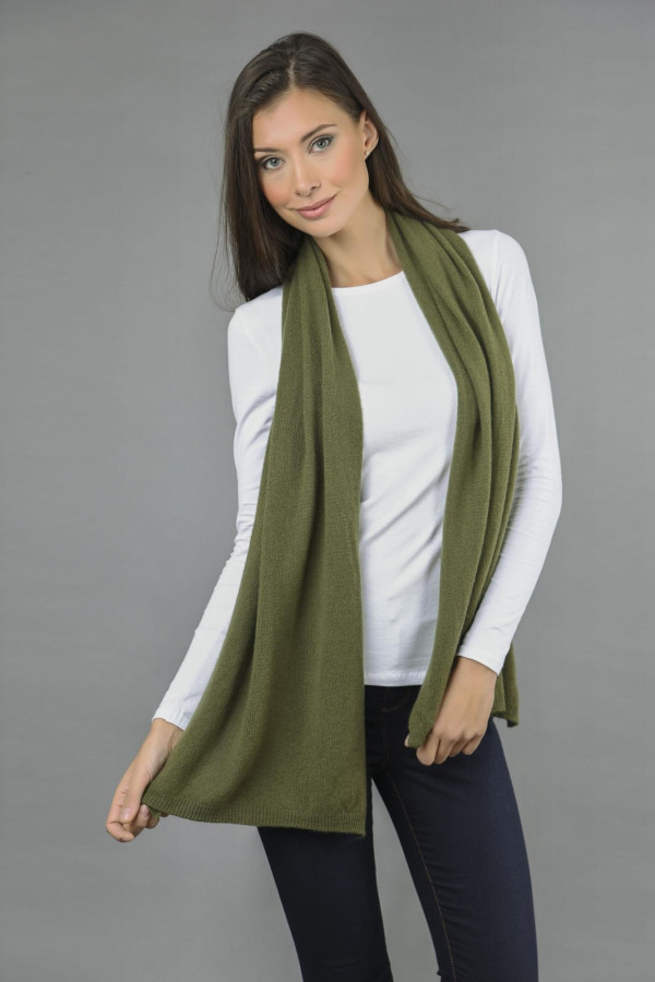 Pure Cashmere Plain Knitted Small Stole Wrap in Loden Green front 1