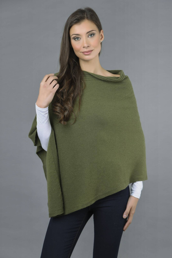 Pure Cashmere Knitted Asymmetric Poncho Wrap in Loden Green front 1