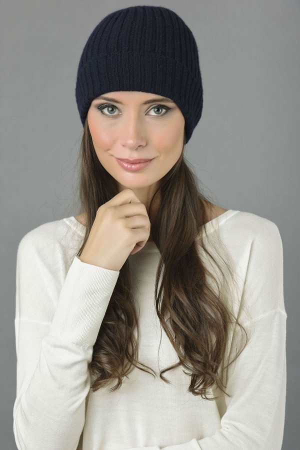 Pure Cashmere Fisherman Ribbed Beanie Hat in Navy Blue 1