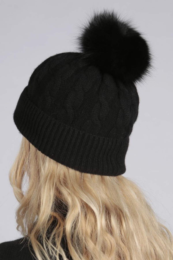 Black pure cashmere fur pom pom cable knit beanie hat front