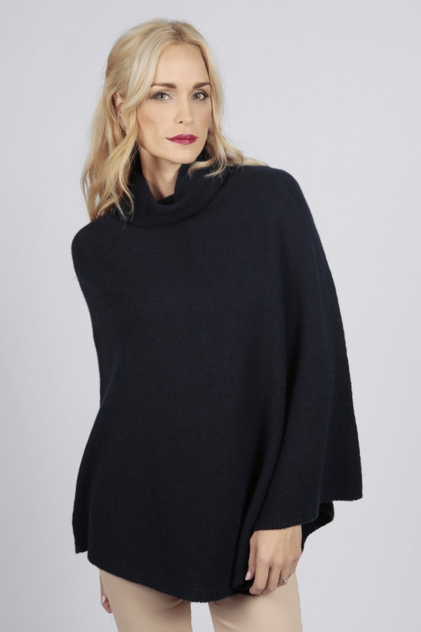Navy Blue pure cashmere roll neck poncho cape front