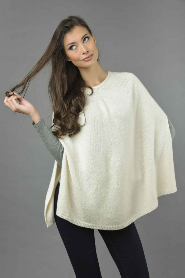 Pure Cashmere Plain Knitted Poncho Cape in Cream White front 2