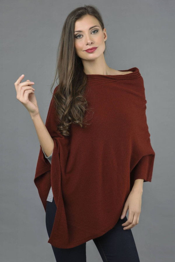Pure Cashmere Knitted Asymmetric Poncho Wrap in Bordeaux