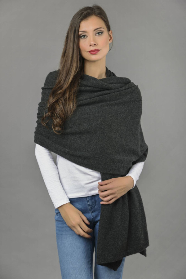 Knitted Pure Cashmere Wrap in Charcoal Grey