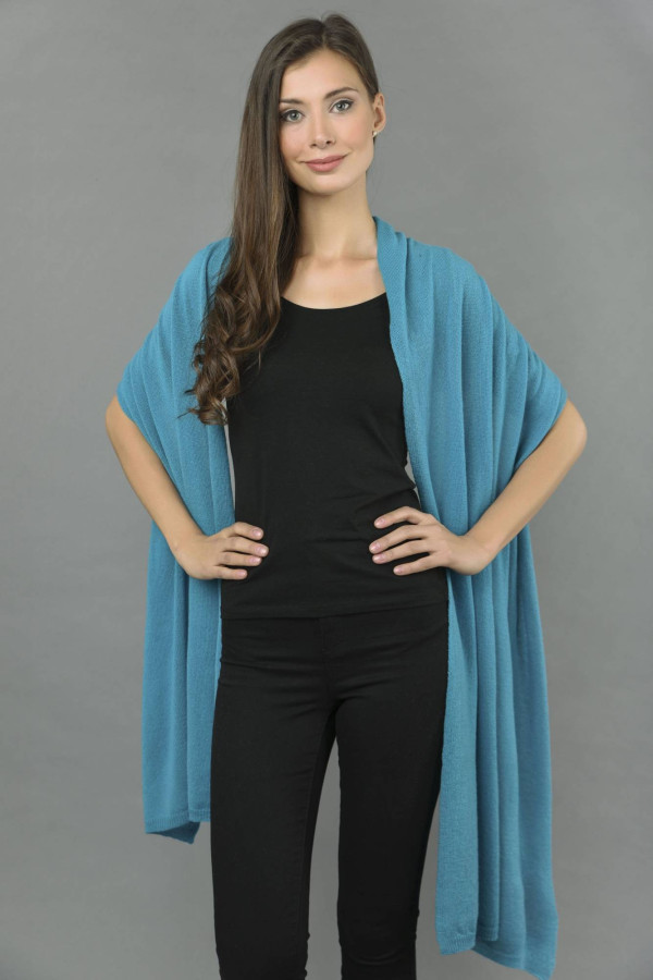 Knitted Pure Cashmere Wrap in Sea Blue